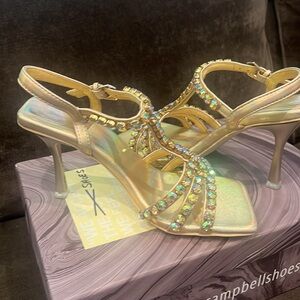 New Jeffrey Campbell Iridescent Gold Rhinestone T-Strap Heeled Sandals, JWL Sz 6